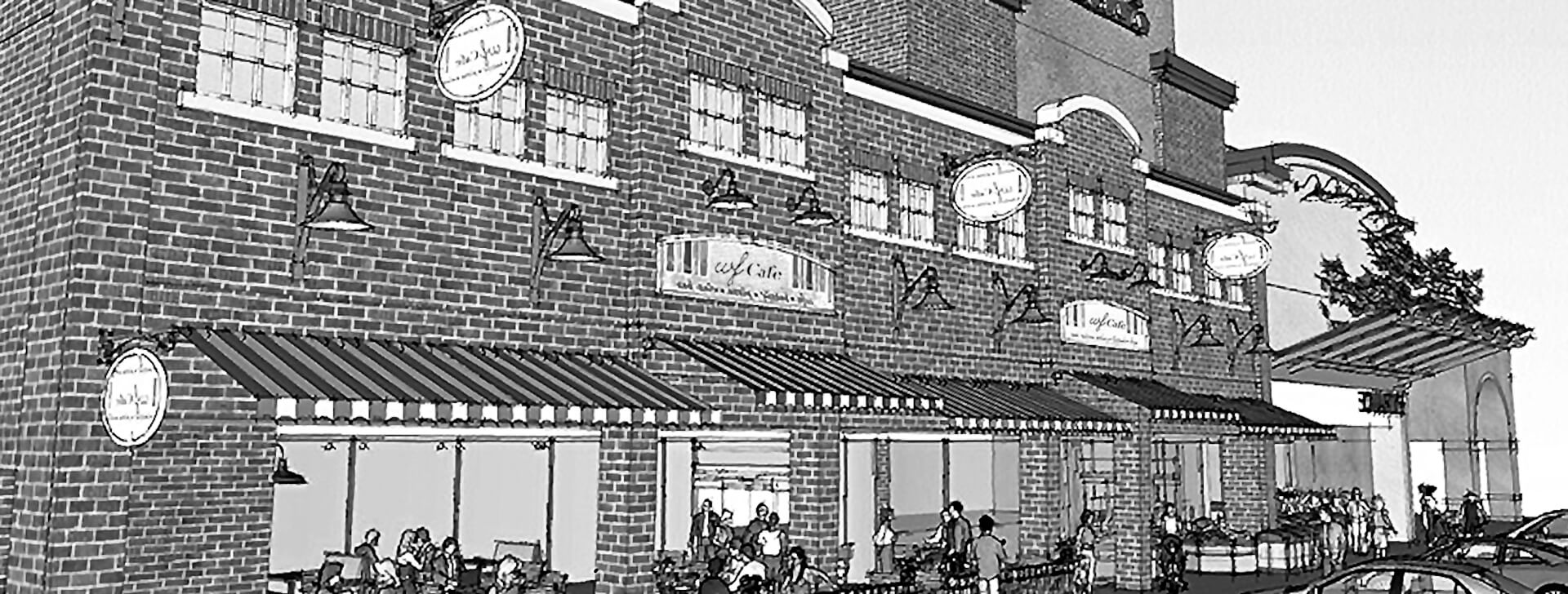 Architectural rendering showing outside of a brick building with striped awnings.